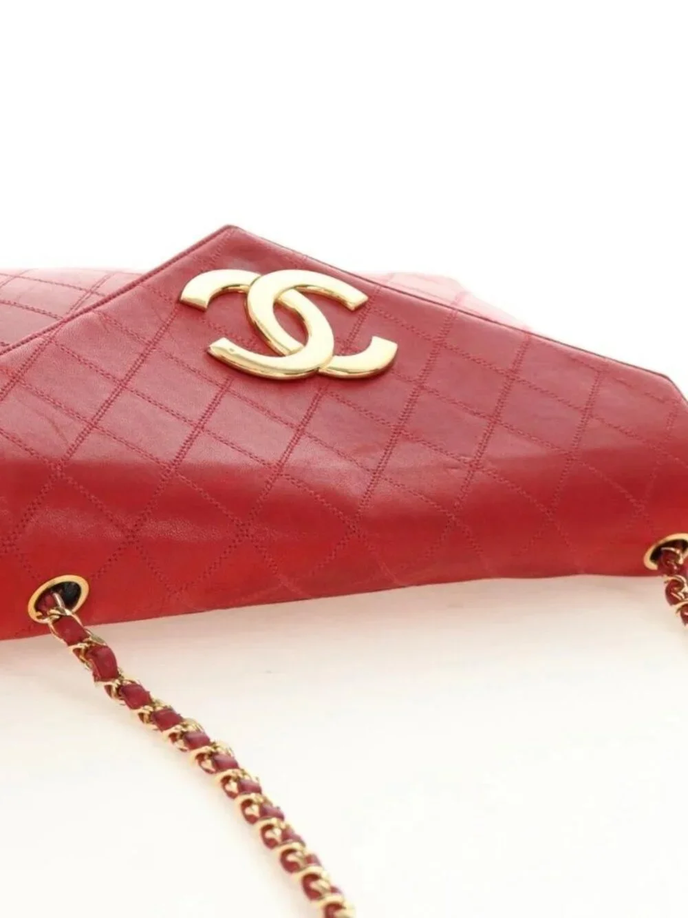 CHANEL Bicolore Chain Shoulder Bag Lamb Skin Red Gold CC Auth BA13416V